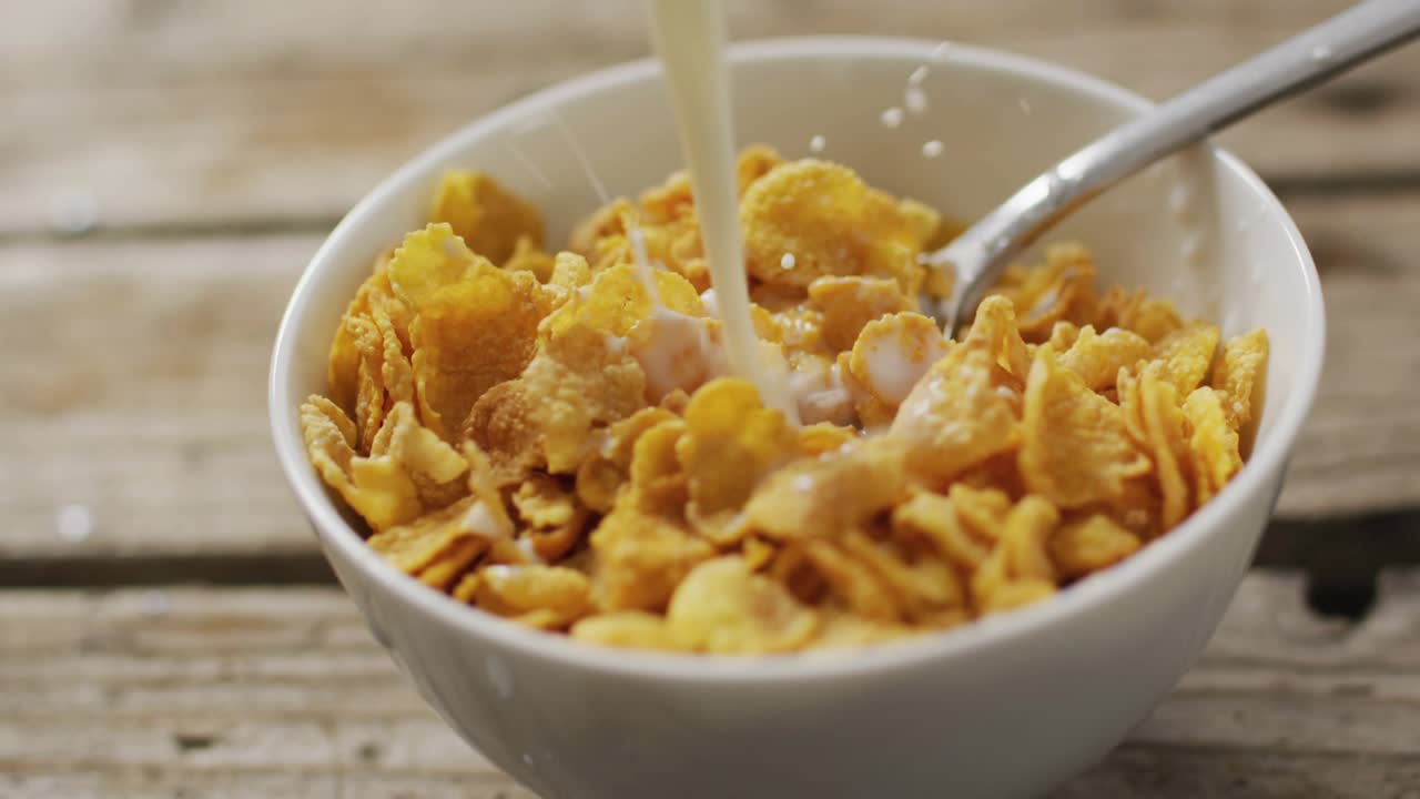 Heart icons fading above cornflakes bowl with spoon as milk pouring and flakes bobbing showing love