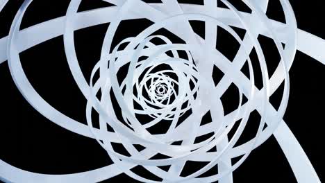 3D stylish abstract white background with rings or circles twisting in concentric structure. Rings turning pattern like helix or spiral in 4k. Pearl material. Isolated on black