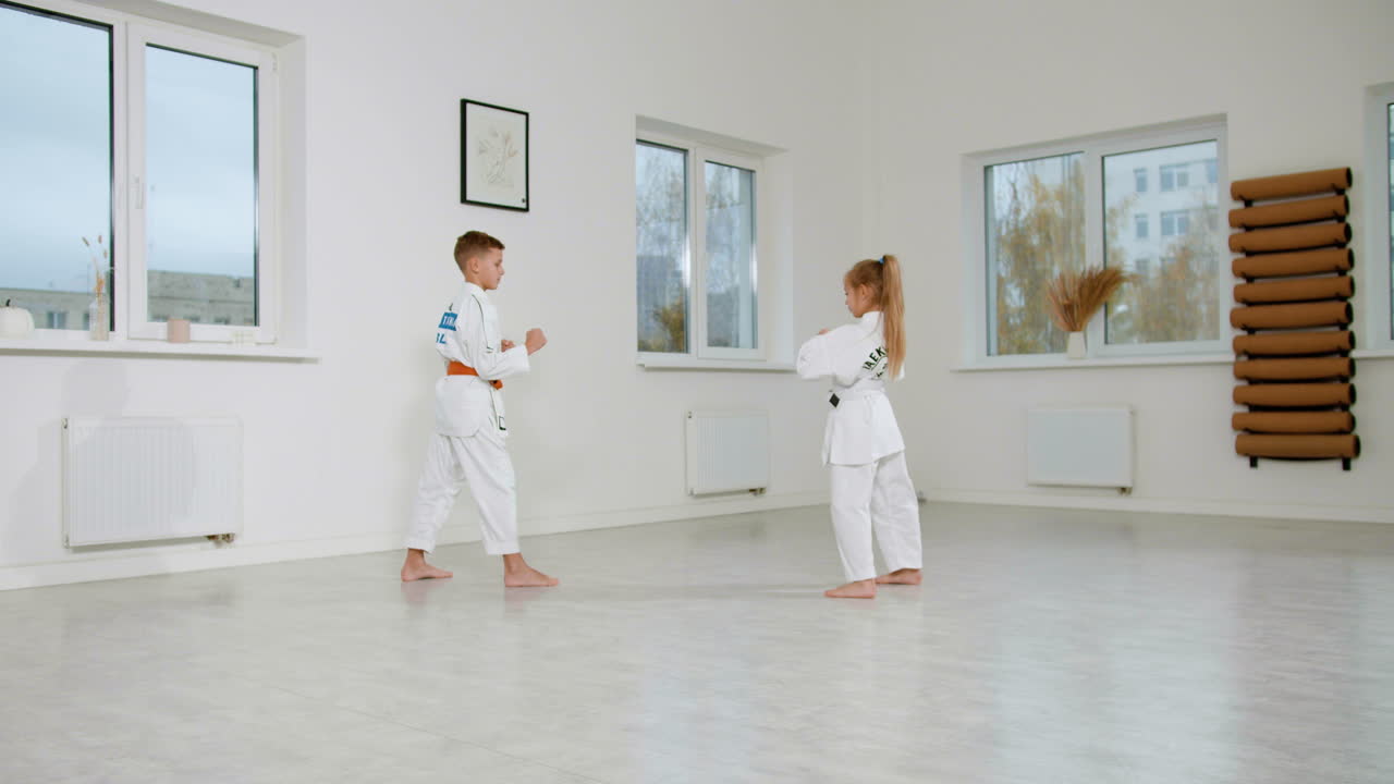 무술 수업에서  키모노를 입은 아이들