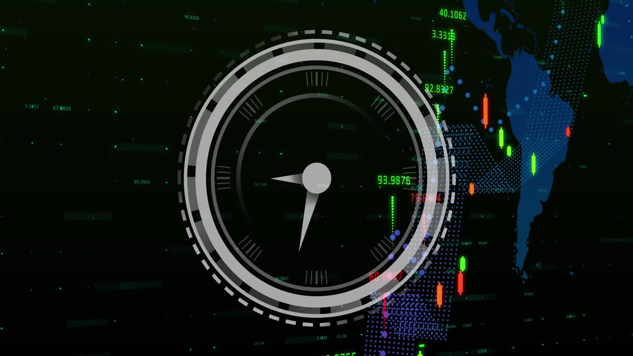 검은색 배경에서 시계와 금융 데이터 처리의 애니메이션