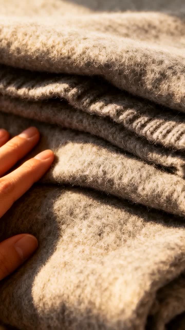 Video verticale: Mano nuda che accarezza lana grigia piegata sul letto, lisciando la lavorazione a coste alla luce del sole