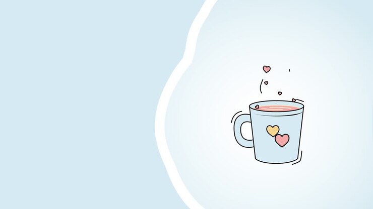 4k video of cartoon cup with hearts on blue background.