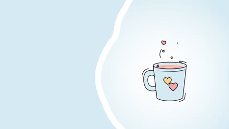 video en 4k de una taza de dibujos animados con corazones en fondo azul.