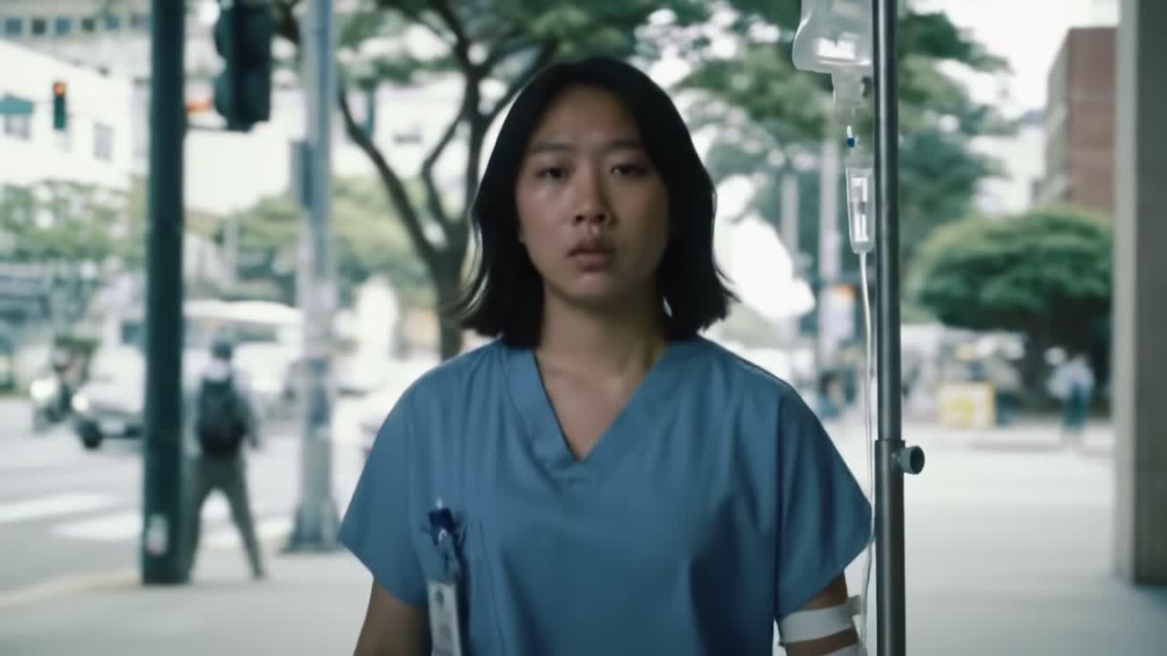 A Focused Medical Professional Steps Out of the Hospital, Embodying Determination and Purpose Amidst the Busy City Life and Modern Healthcare Environment