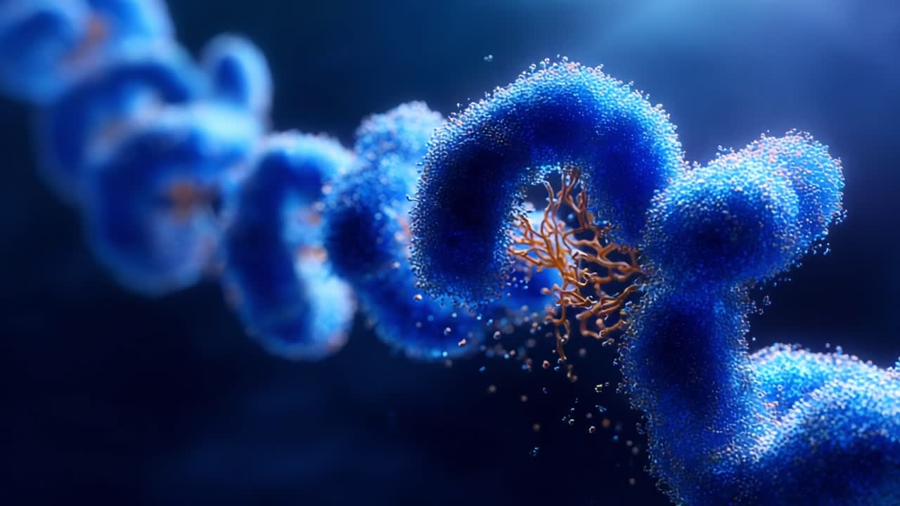 A vivid representation of molecular structures showcasing intricate designs and textures with shades of blue and orange elements, illustrating the beauty of microscopic formations in a digital realm