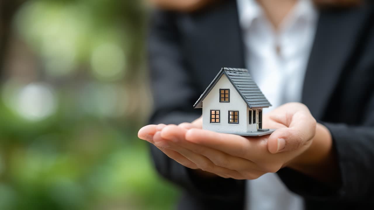 Un professionista che tiene tra le mani un modellino di casa in miniatura, che simboleggia immobiliare, affari e proprietà immobiliare in un ambiente da giardino.