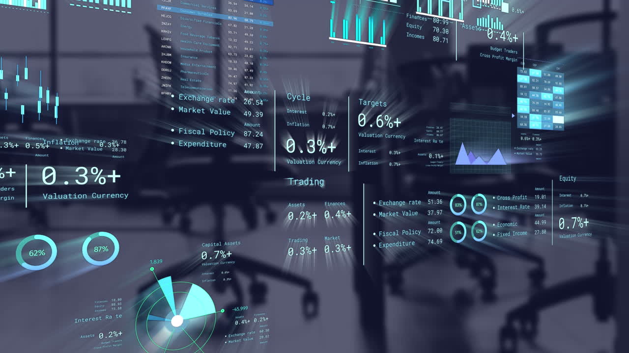 Animation of financial data processing over business office