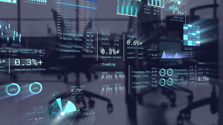 Animation of financial data processing over business office