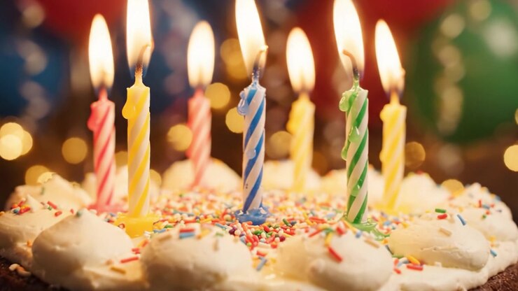 Una celebrazione festosa con una torta di compleanno colorata adornata con candele, palloncini e cappellini da festa, perfetta per riunire amici e famiglia.
