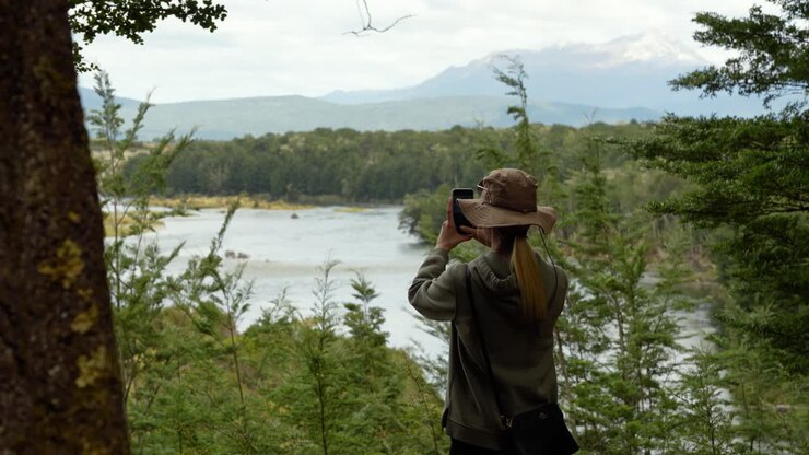 Female hiker walks out to take photo of grand New Zealand landscape on the Kepler Track, overcast even lighting in sky