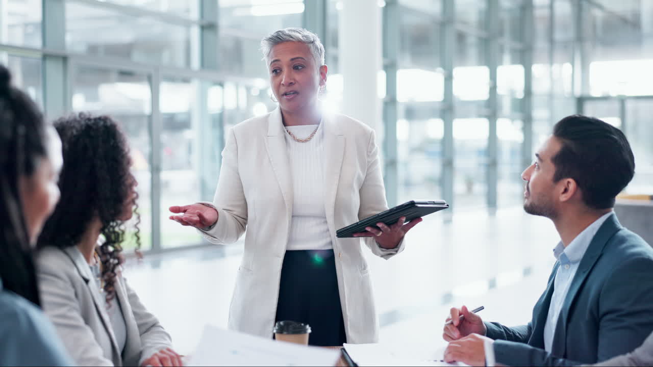 Business people, meeting and manager on tablet