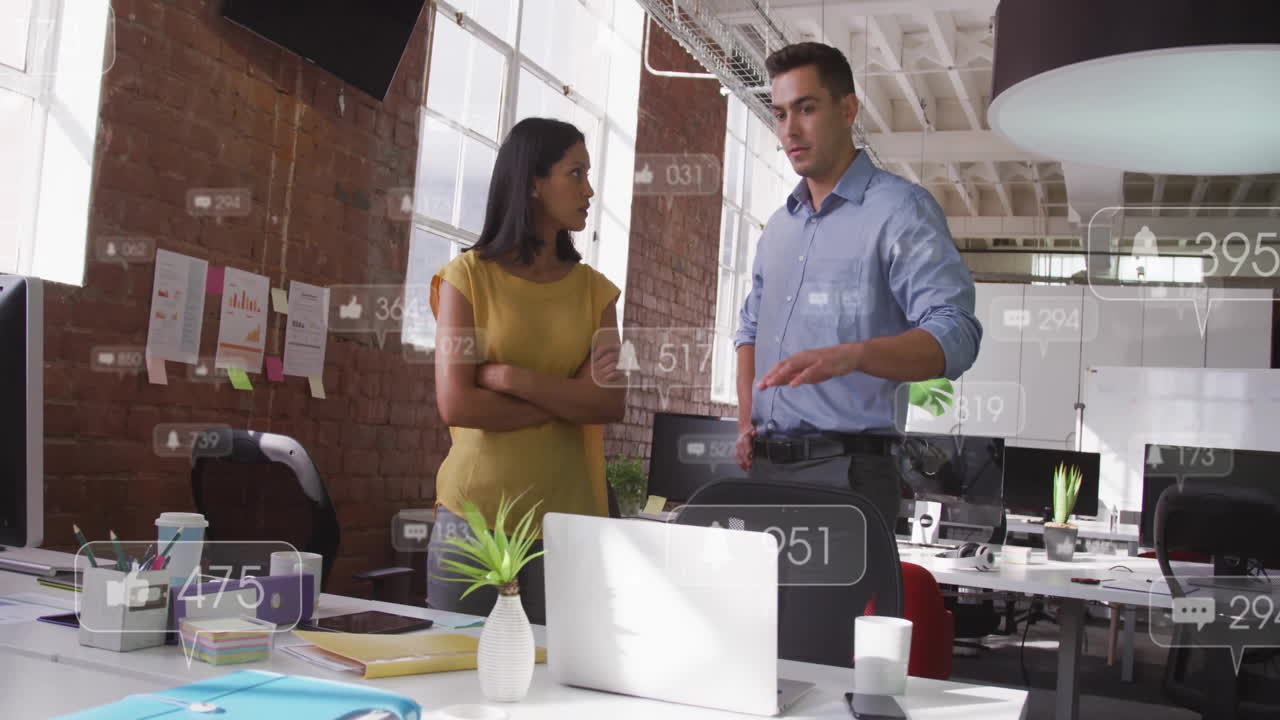 Discussing social media analytics, business professionals in office with animation tools