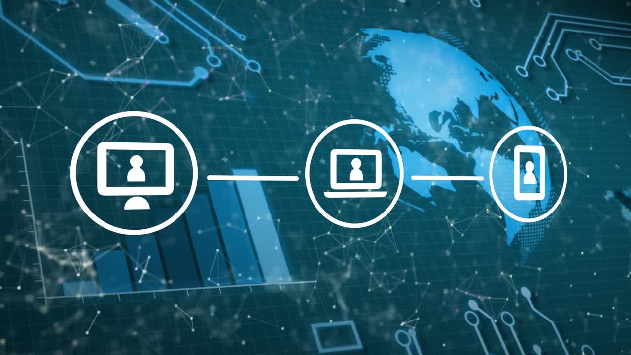 animación de iconos de medios sobre un fondo azul