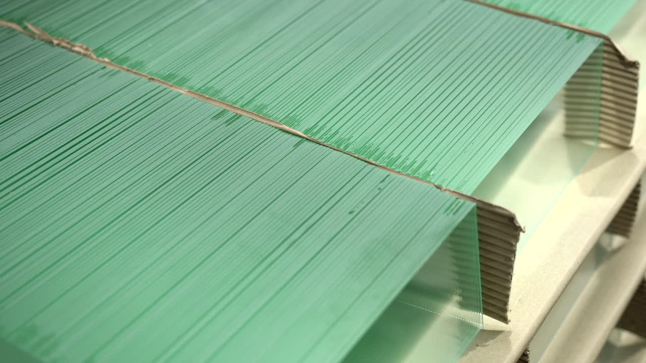 tres filas de pequeños productos de vidrio de forma cuadrada apilados uno encima del otro en el almacén