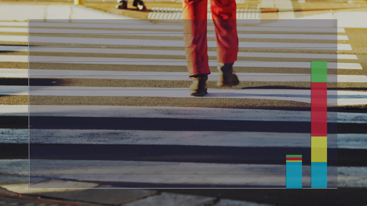 Person in red pants crossing street with colorful bar animation overlay