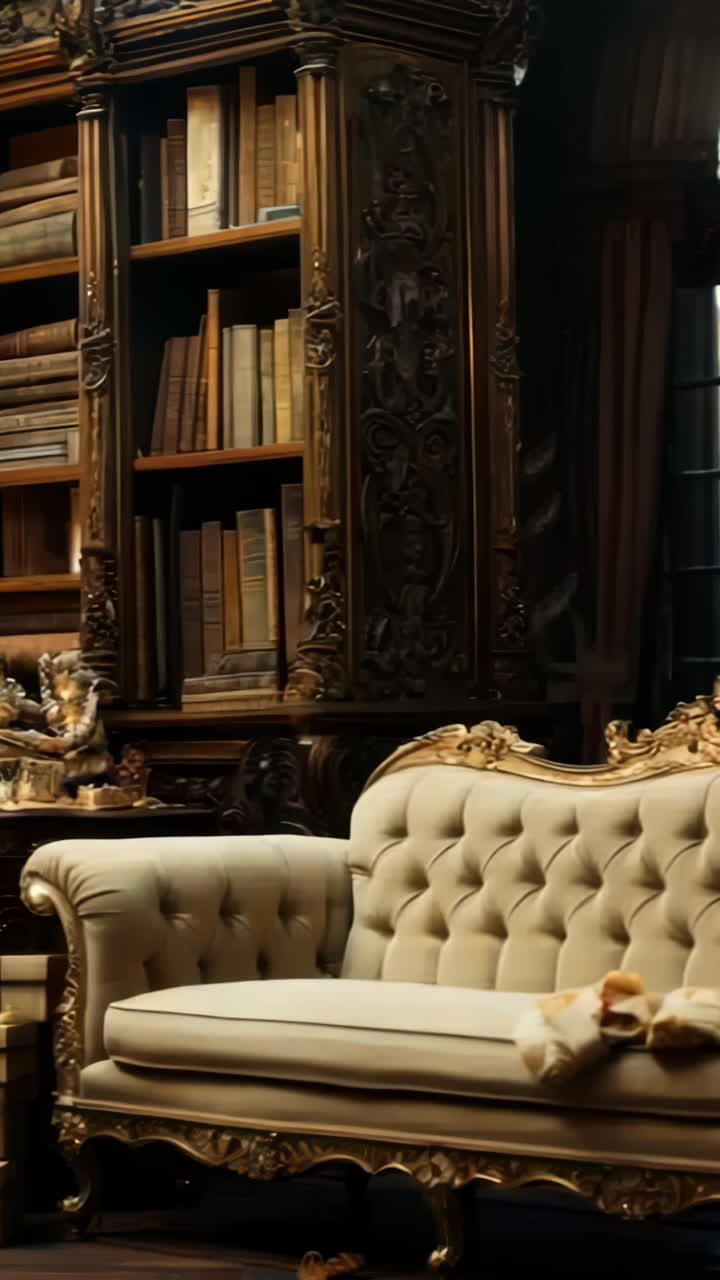 A cozy living room with a large Christmas tree and a white couch. The room is filled with books and presents, creating a warm and festive atmosphere