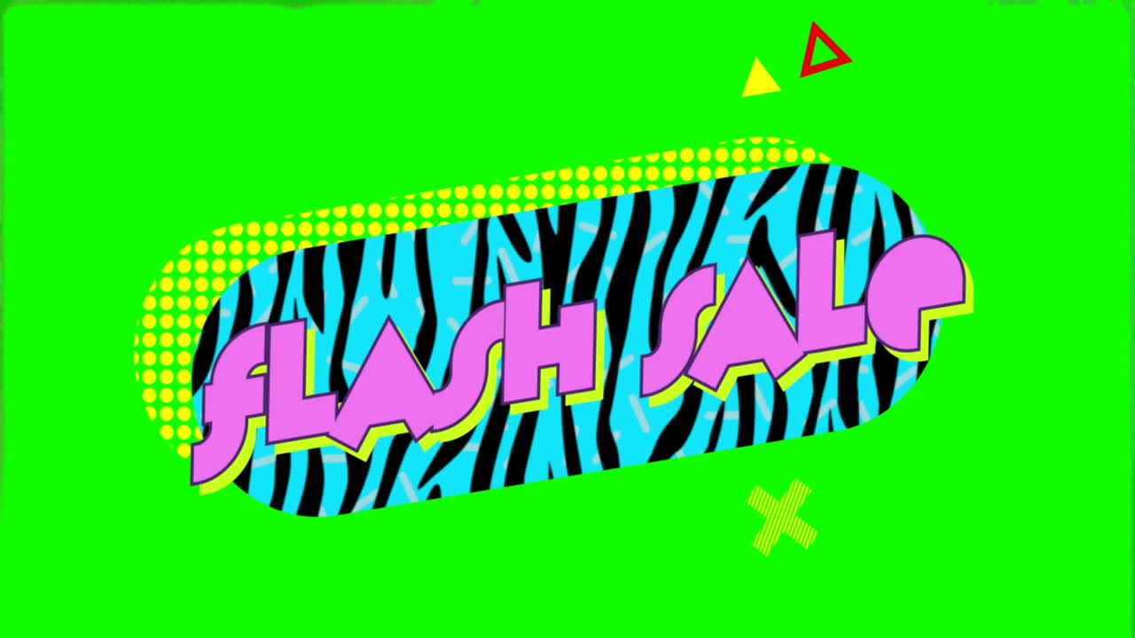 animación del texto de venta flash sobre un fondo de patrón vibrante retro