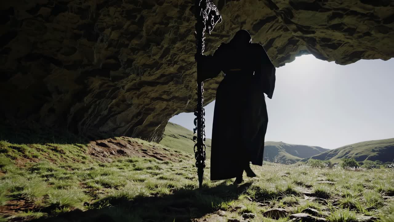 A mystical figure with a staff walks under a rocky archway