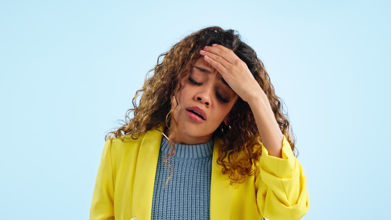 Headache, burnout and woman with stress