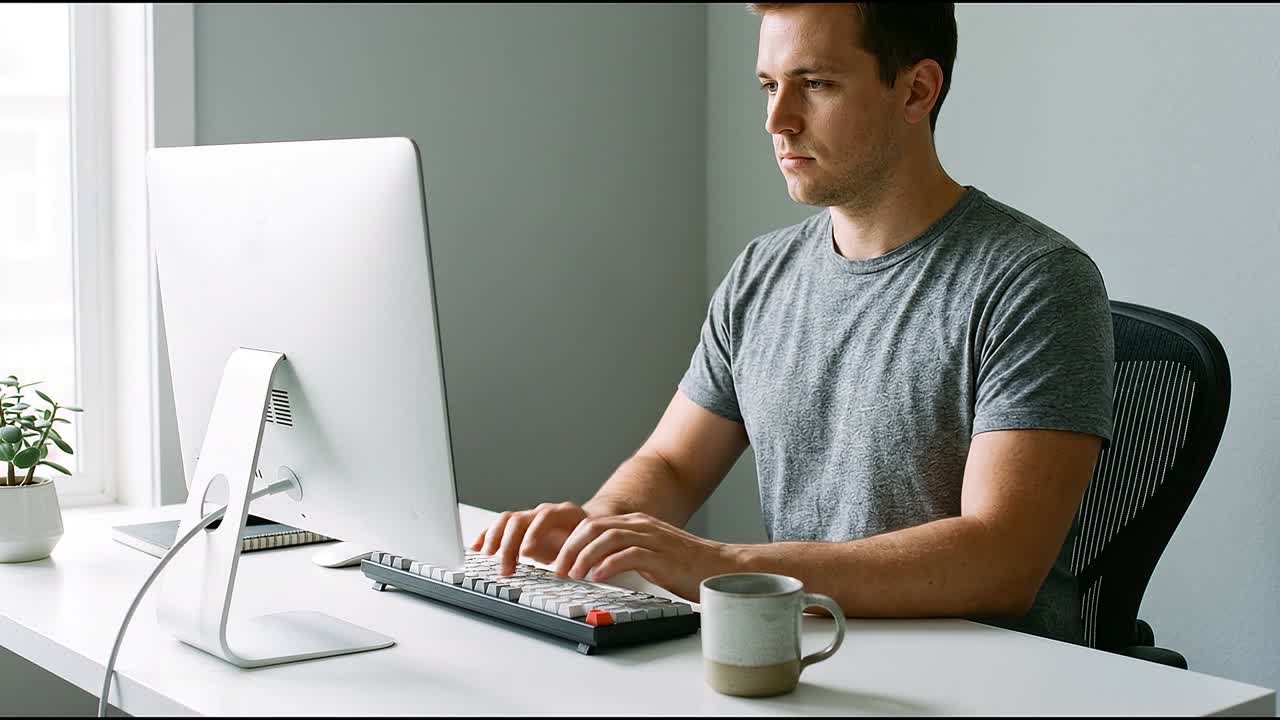 Mann tippt konzentriert auf Computertastatur am Schreibtisch in modernem, minimalistischem Büro.