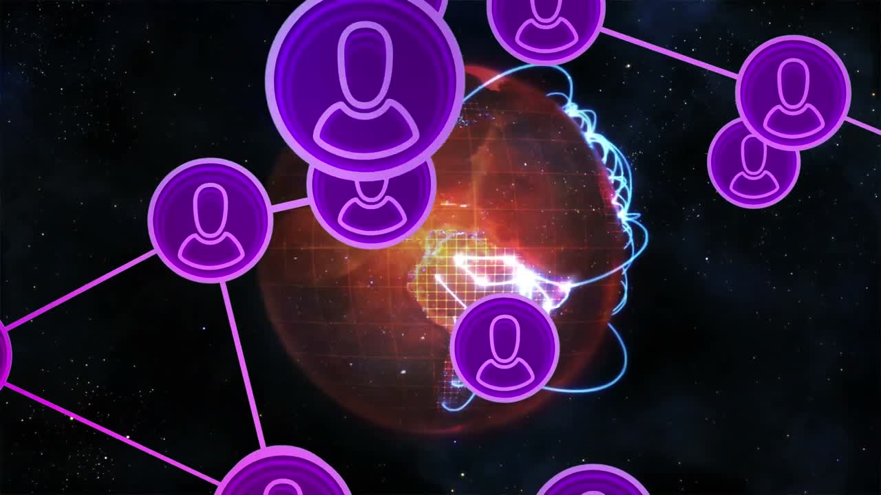 검은 바탕에 전 세계에 있는 아이콘으로 연결된 네트워크의 애니메이션