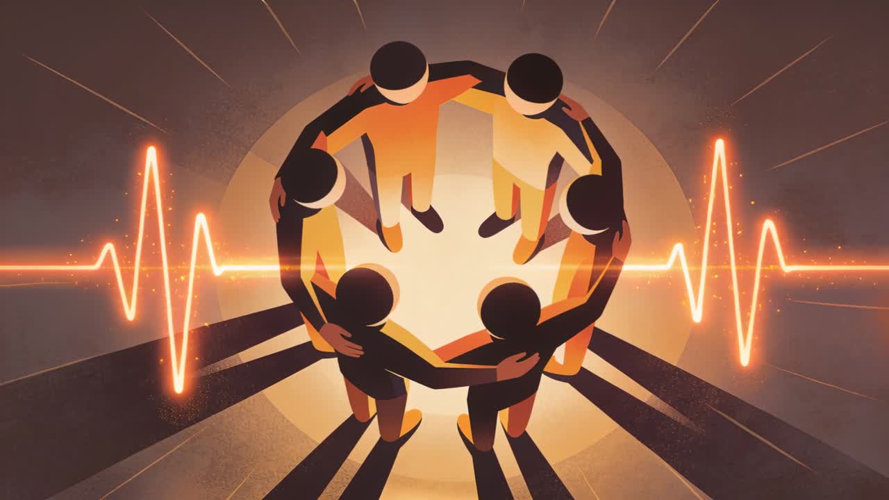 Sei figure in uniforme arancione che si tengono per le braccia sul palco, con un alone pulsante sincronizzato all'ECG che mostra unità.