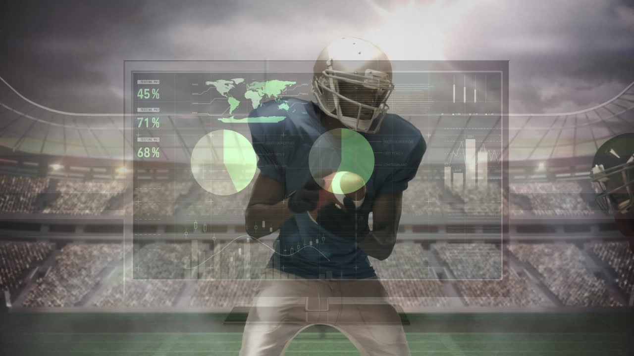 Animazione di elaborazione dati su un giocatore di football americano