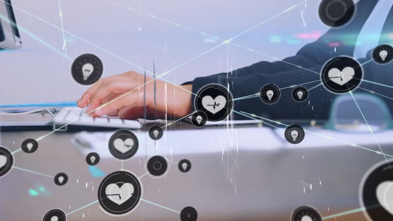 컴퓨터를 사용하여 코카시안 사업가에 대한 아이콘과 연결 네트워크의 애니메이션