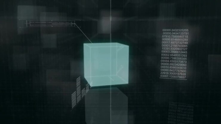 Animation von Würfel und digitaler Datenverarbeitung auf schwarzem Hintergrund