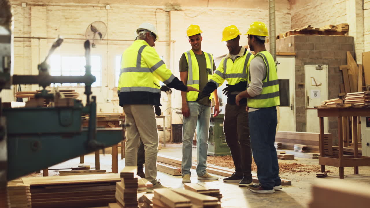 Woodworkers in a workshop celebrating with teamwork