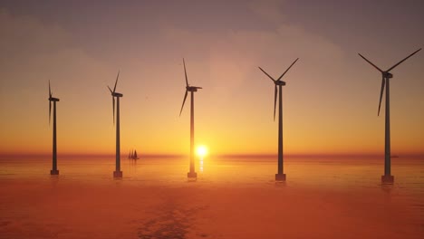 3d animation of offshore wind turbines at sunset. wind farm, renewable energy.