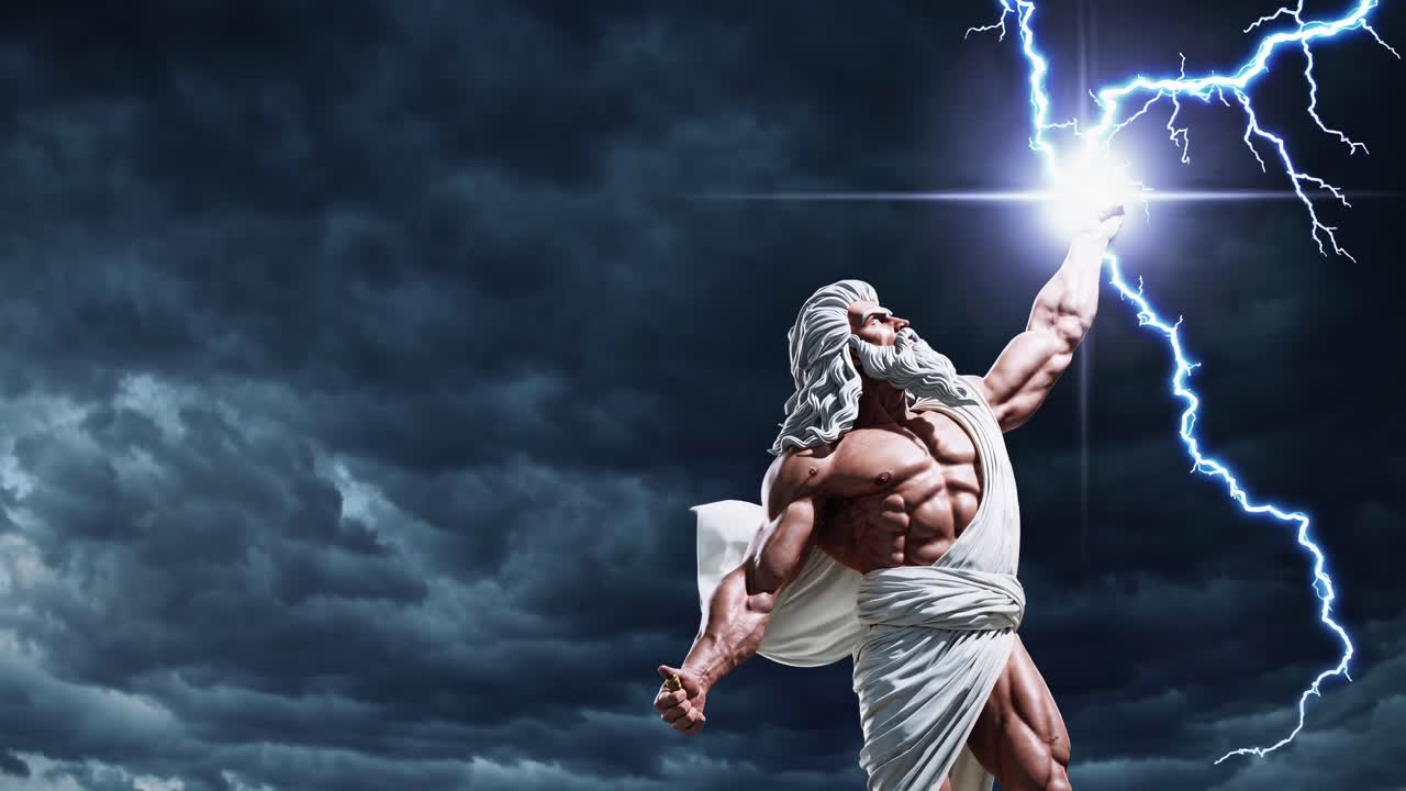 Epic video concept of a muscular, bearded god-like figure in a toga, captured from a low angle