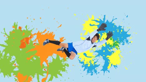 Animation-of-football-goalkeeper-over-colourful-squiggles-on-blue-background