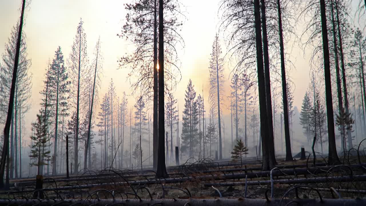 A haunting landscape of charred trees and swirling smoke as wildfires sweep through a dense forest, leaving behind only ash and devastation in their wake, illustrating nature's raw power