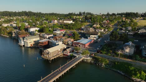 overhead aerial view pulling away from coupeville's downtown businesses