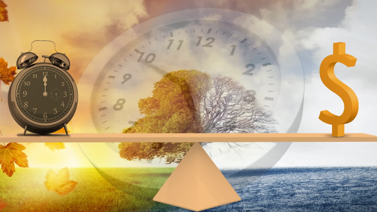 시계와 달러 기호와 함께 스케일 위로 움직이는 시계의 애니메이션