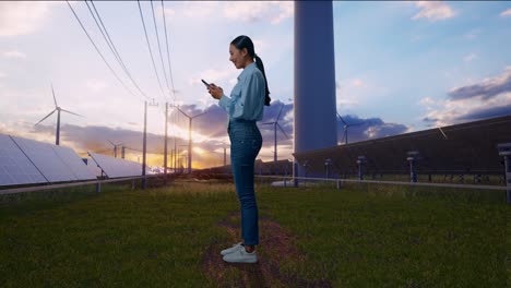 full body side view of asian female with her phone with solar panel and wind turbines, working continuously with her phone
