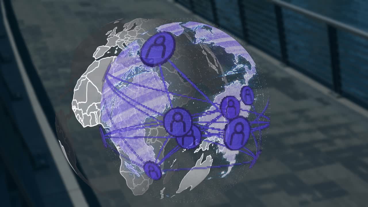 анимация медиа-икон над глобусом и мостом.