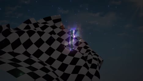 animation of glowing burning number one over waving black and white racing flag