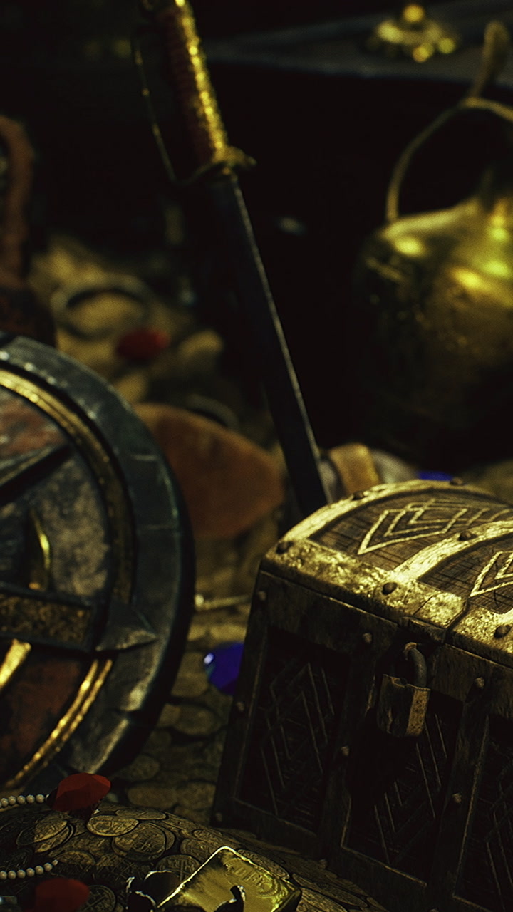 Treasure chest filled with gold coins and artifacts in a dark space