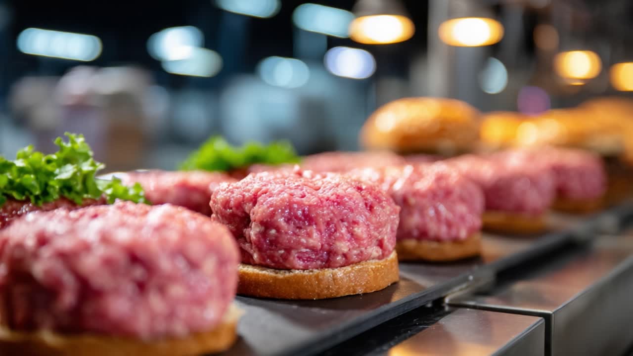 Primo piano di hamburger di carne macinata cruda su una piastra circondata da verdure fresche e panini, che evidenzia i dettagli nella preparazione per la cottura