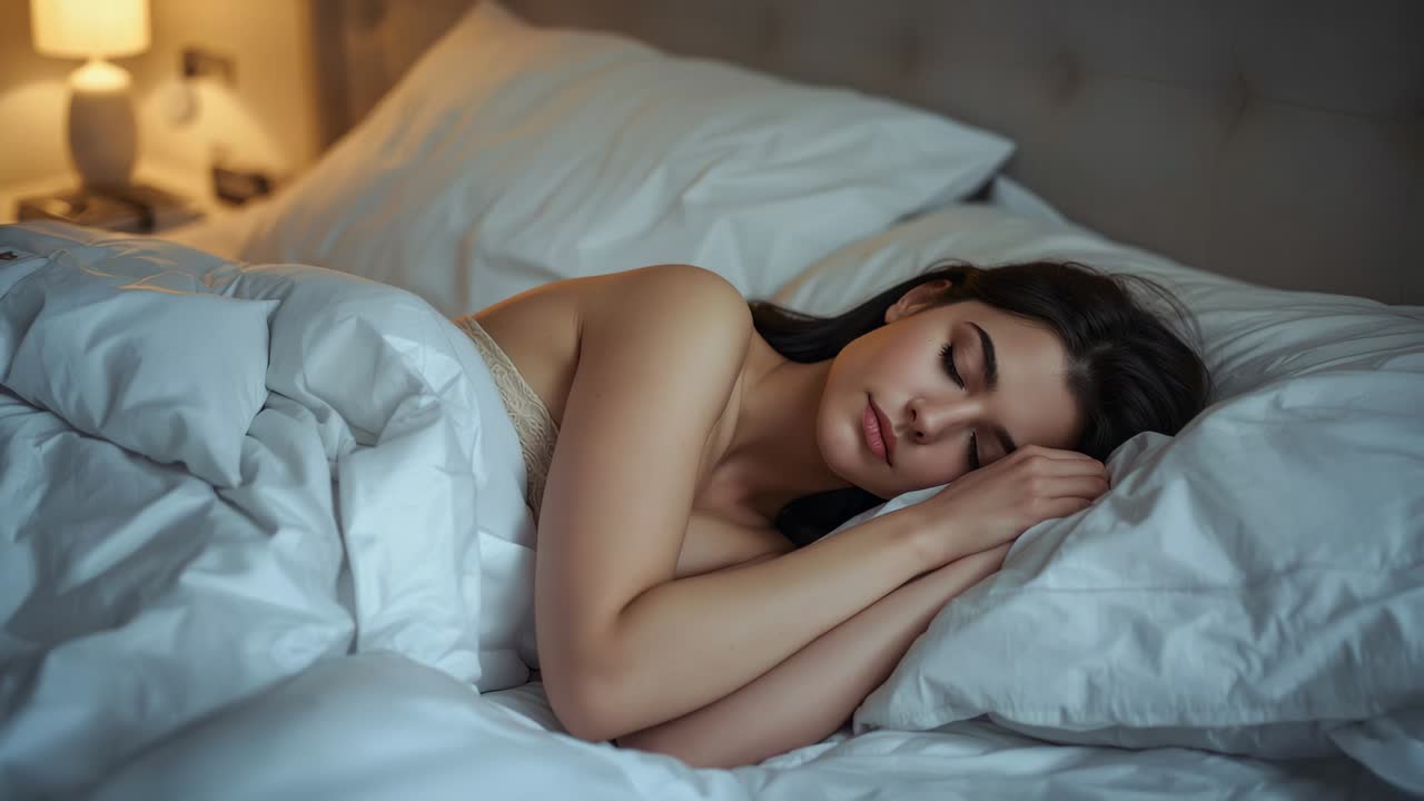 Stirring woman wearing light sleepwear opening eyes, turning head on queen bed, checking lamp phone
