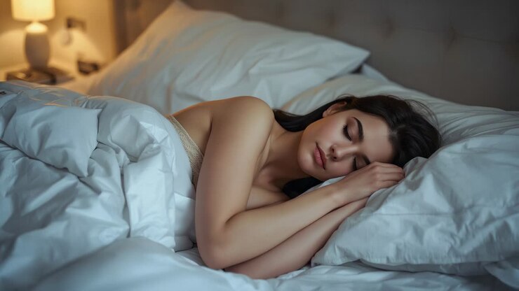 Primer plano de una mujer con ropa de dormir ligera que abre los ojos, gira la cabeza en una cama de matrimonio y comprueba el teléfono de la lámpara