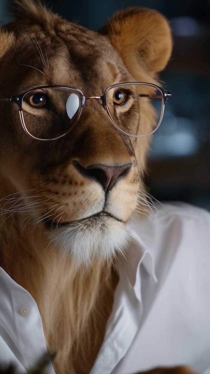 Un leone saggio con occhiali e una camicia bianca emana intelligenza e fascino, catturando l'attenzione dello spettatore con la sua espressione pensierosa in un ambiente elegante.