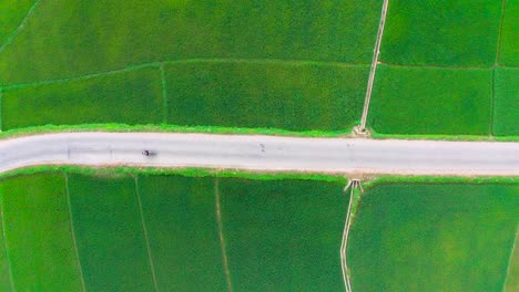 Aerial-top-down-shot-dolly's-right-as-a-motorcyclist-travels-along-a-road