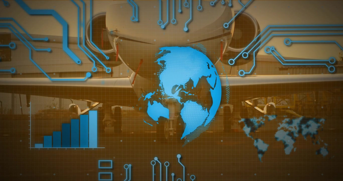 All'avvio, un globo digitale anima linee di circuito mentre un grafico rotante e in aumento mostra dati di volo.