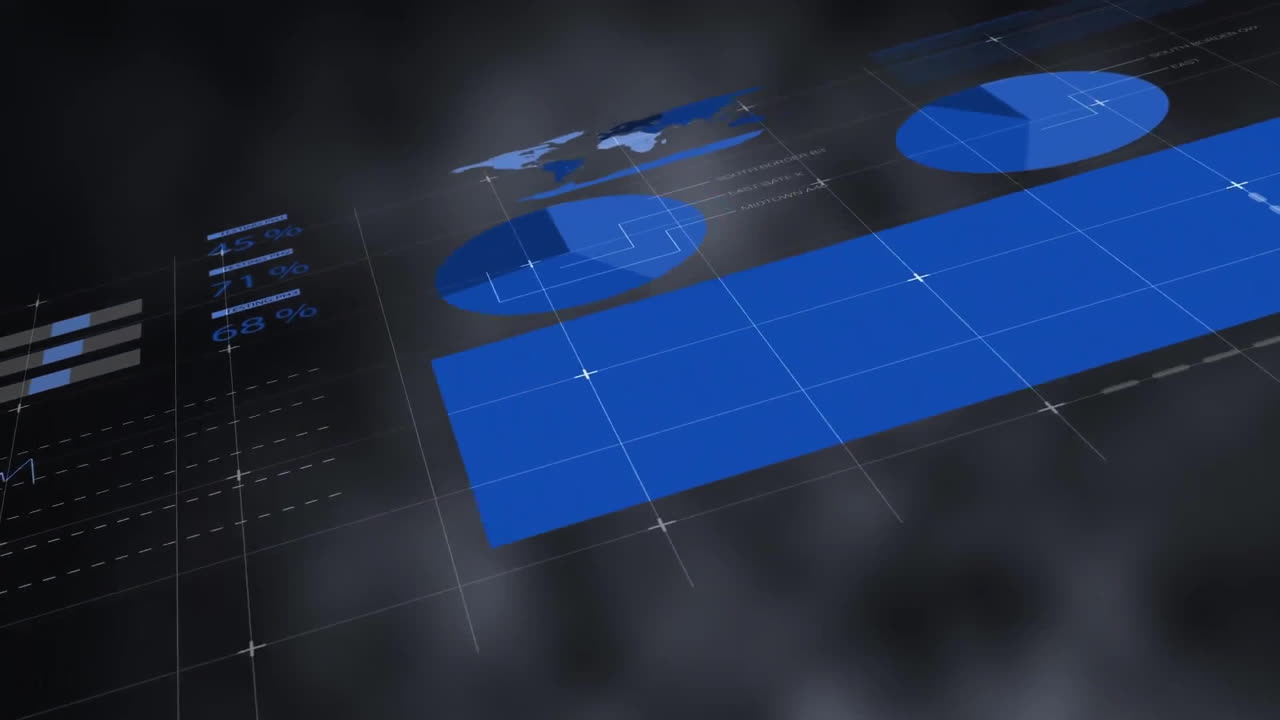 animación de diagramas y procesamiento de datos sobre un fondo oscuro