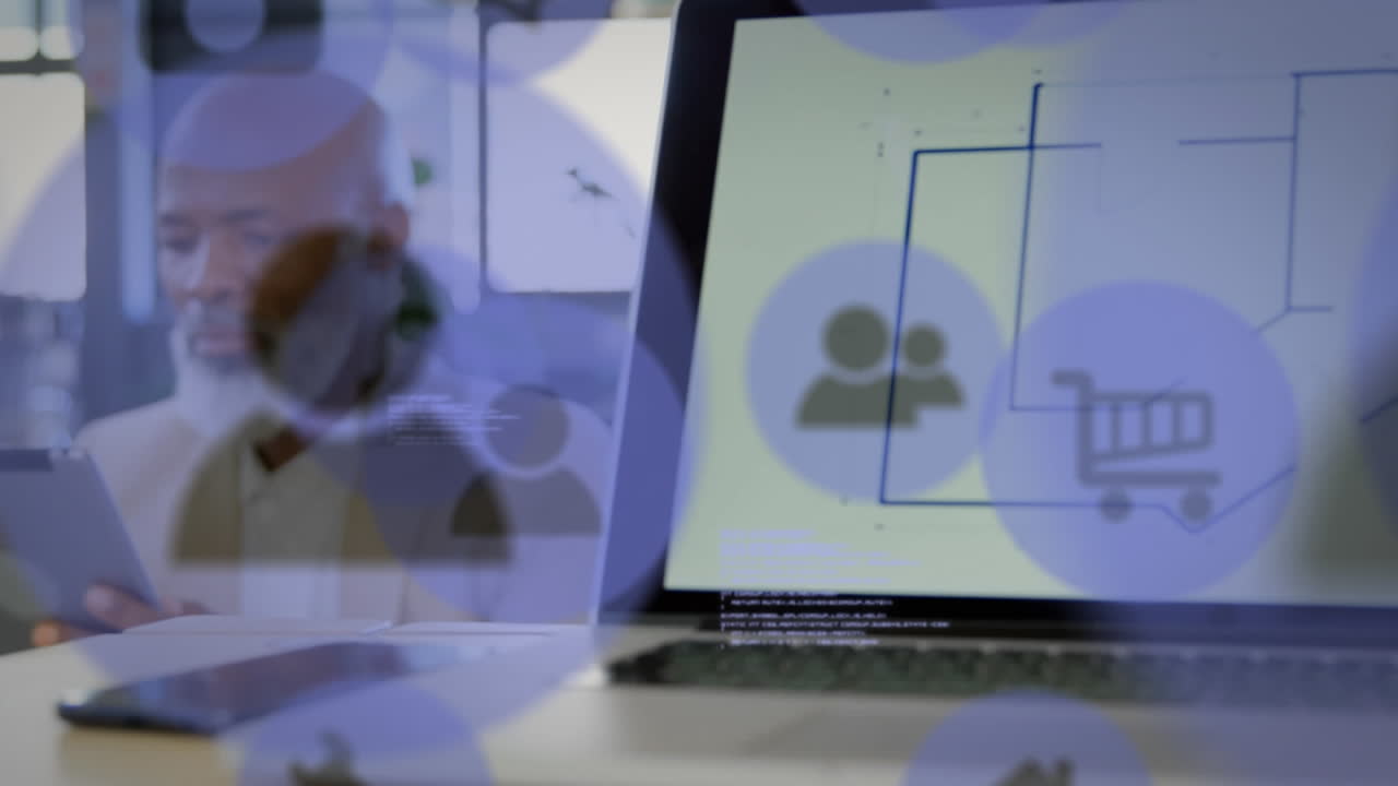 animación de una red de iconos digitales sobre un hombre de negocios en la oficina