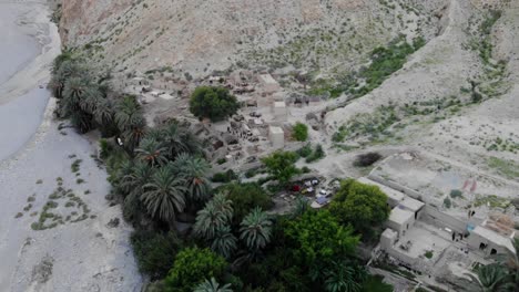 aerial view of village located in khuzdar with green trees and gardens surrounded by desert landscape