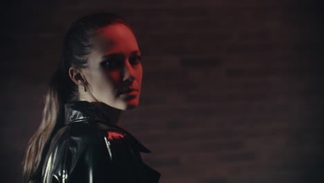 woman in a leather jacket, night portrait